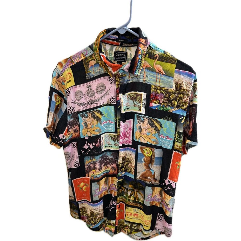 Limited Guess Postcard Button-down Men's Shirt %100 Rayon Size S